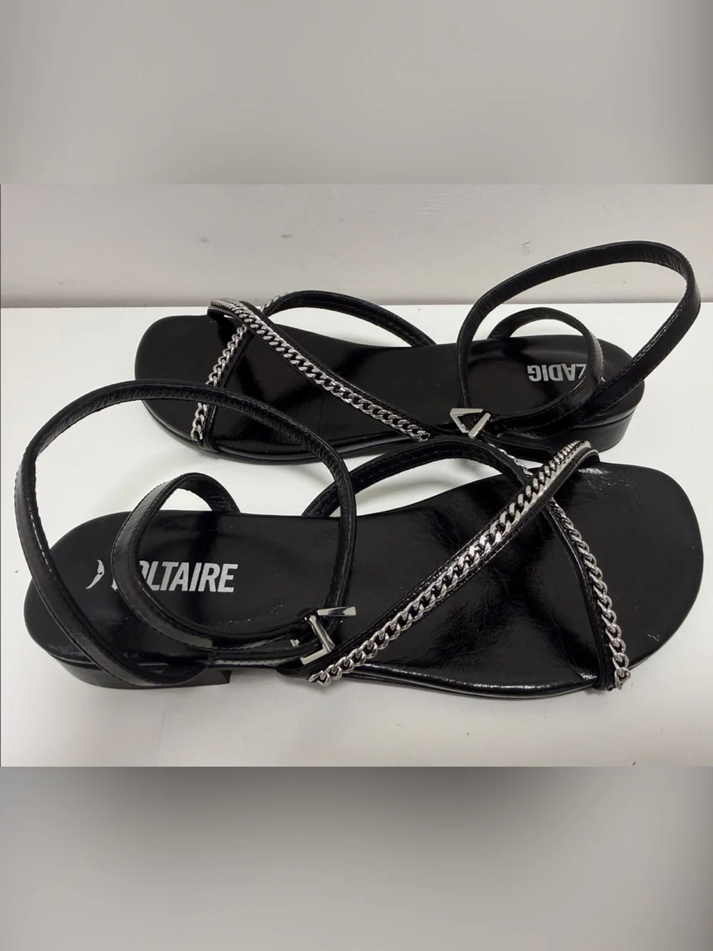 Zadig & Voltaire Black Leather Strappy Sandals with Silver Chain Trim sz EU38 - Picture 12 of 16